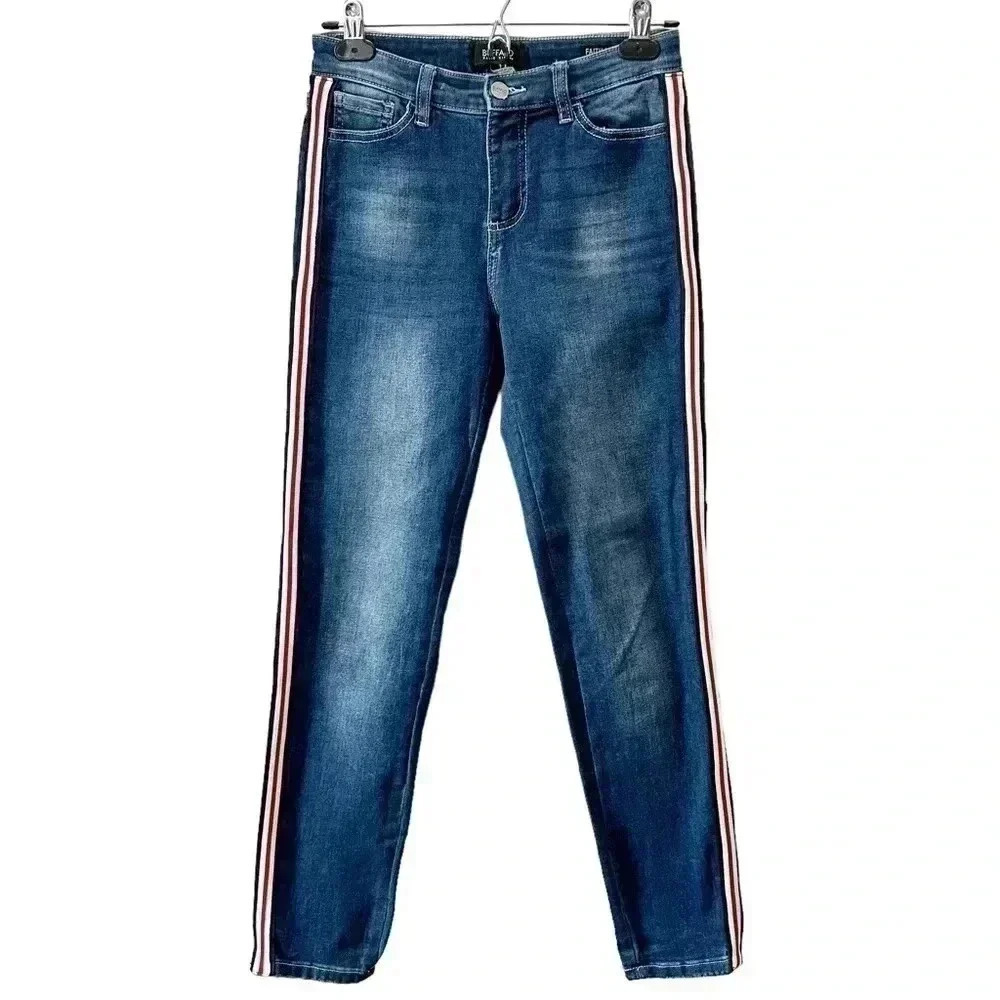 Buffalo Skinny Jeans Faith Side Stripe Mid Rise Ankle Crop Stretch Blue Size 26 - Picture 2 of 14